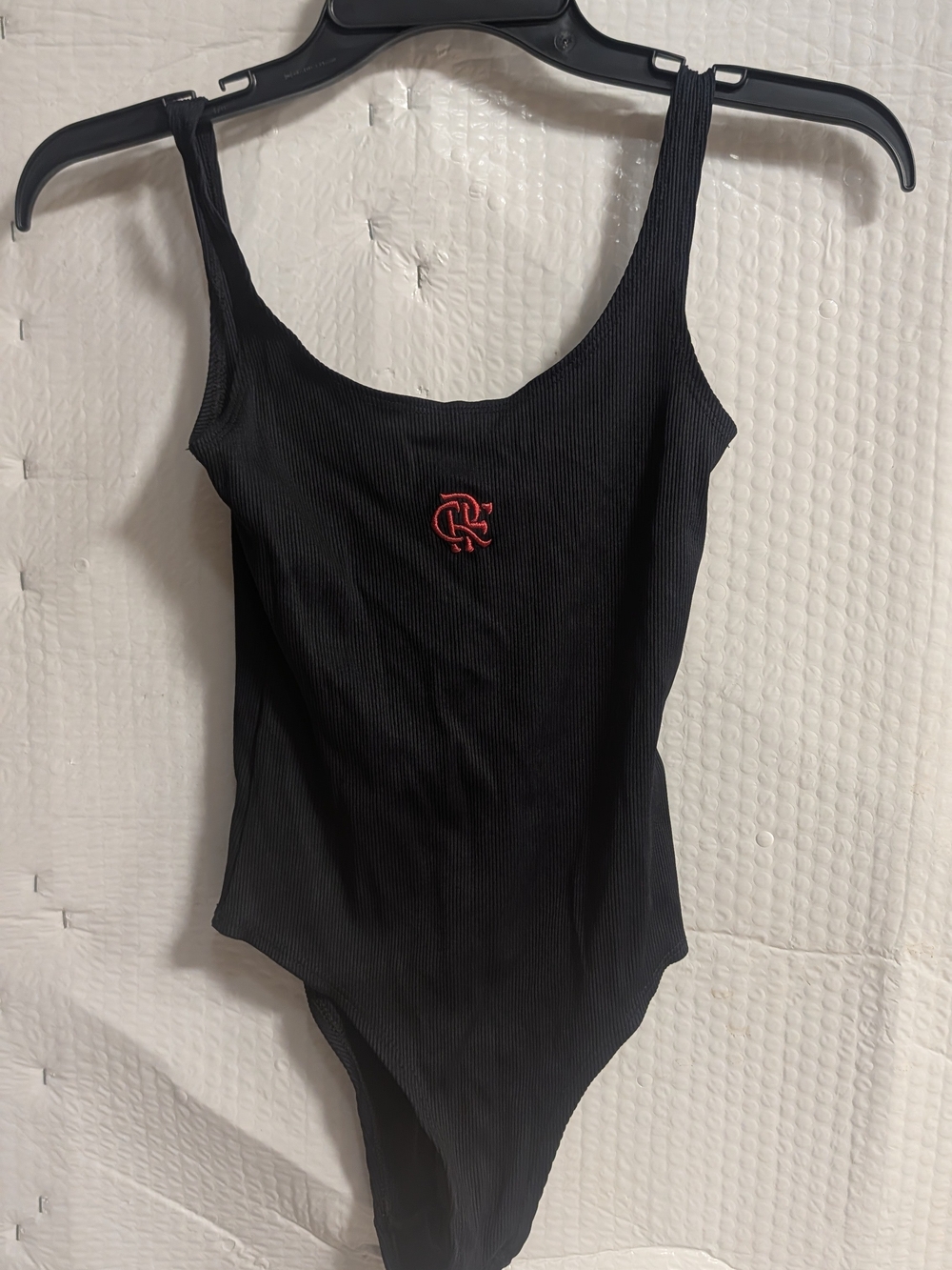 STARTER Black Ribbed Scoop Neck Bodysuit with Red Logo Patch